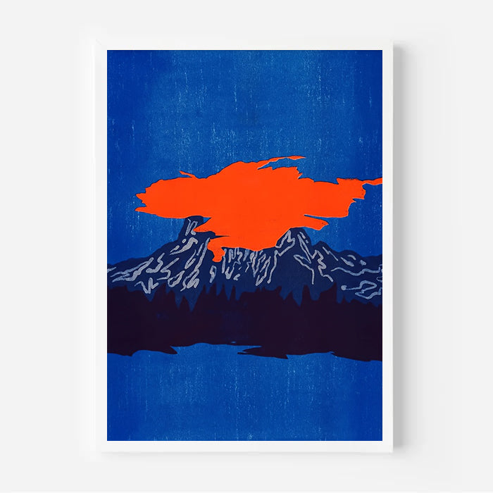 Art print with an orange abstract shape on a blue background