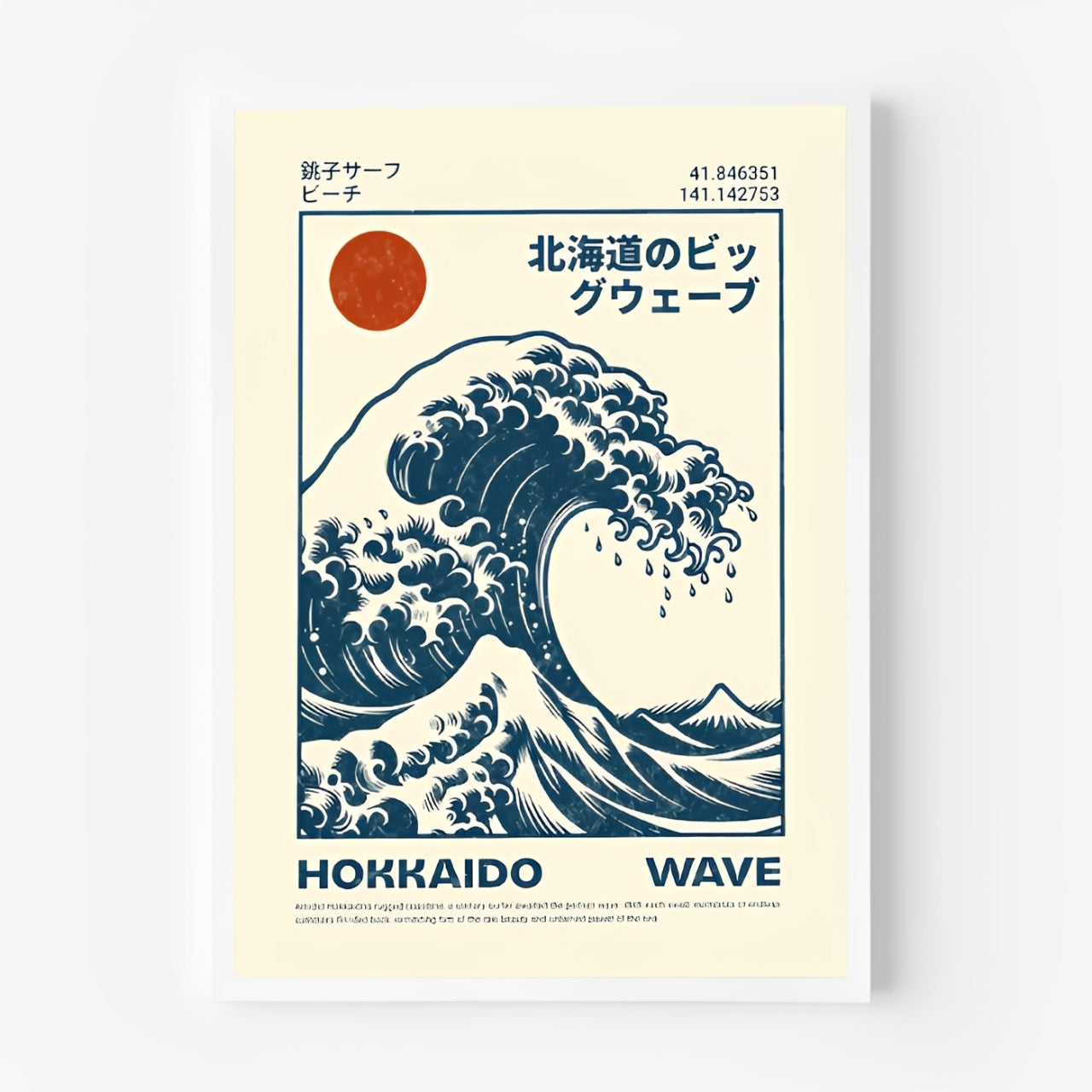 Poster of a Hokusai Wave Poster Print with text and coordinates on a beige background