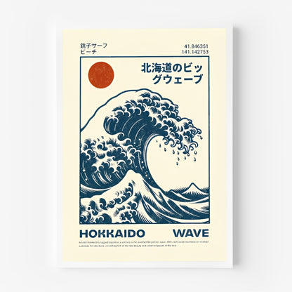 Poster of a Hokusai Wave Poster Print with text and coordinates on a beige background