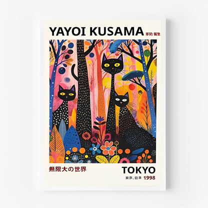 Yayoi Kusama inspired cat poster with black cats in a colorful forest design.