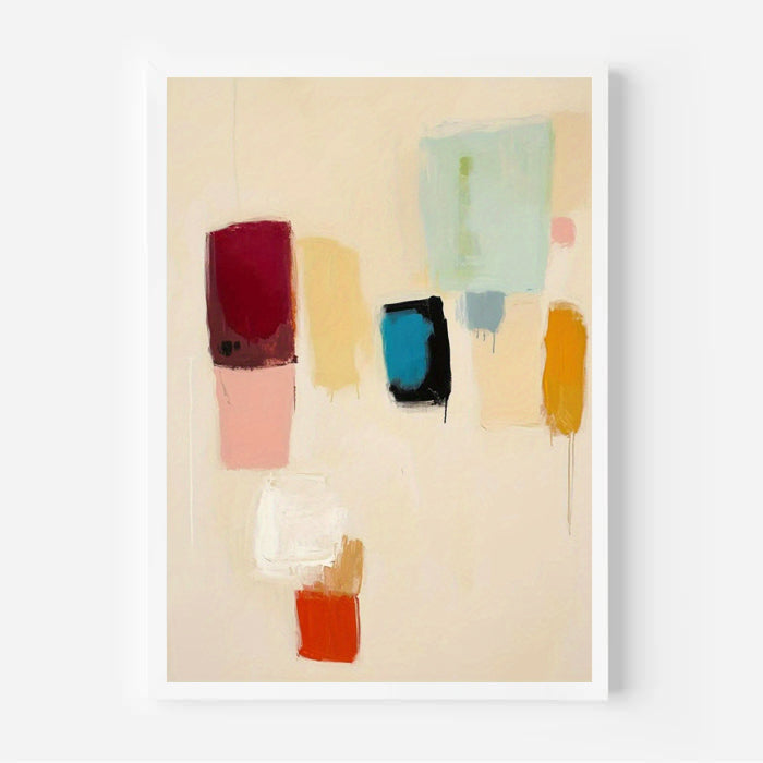Abstract art print with colorful geometric shapes on a beige background