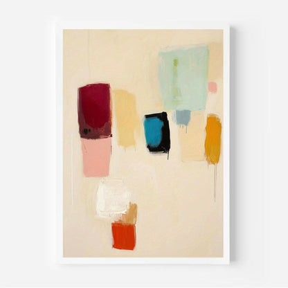 Abstract art print with colorful geometric shapes on a beige background
