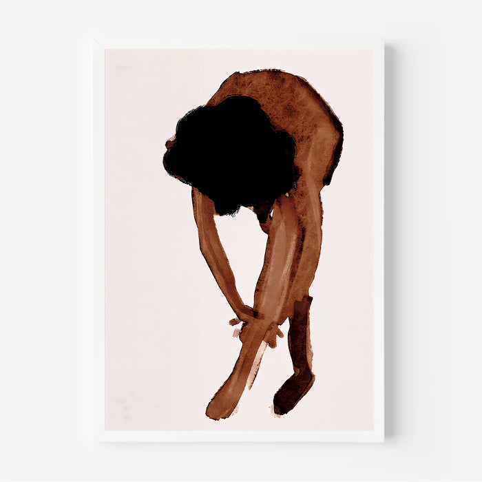 Artistic depiction of a person in a crouched position on a light pink background