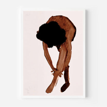 Artistic depiction of a person in a crouched position on a light pink background