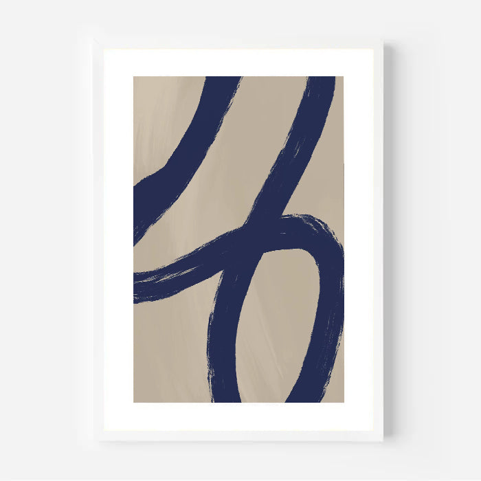 Abstract art print with blue brush strokes on beige background