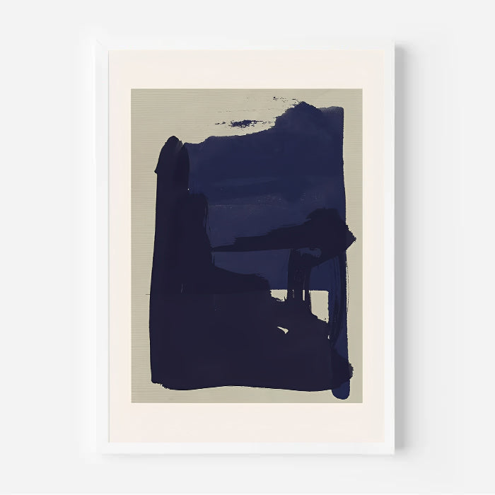 Abstract art print with a large blue brushstroke on a beige background