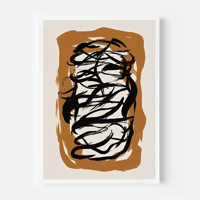 Abstract art print with black brush strokes on a brown and beige background