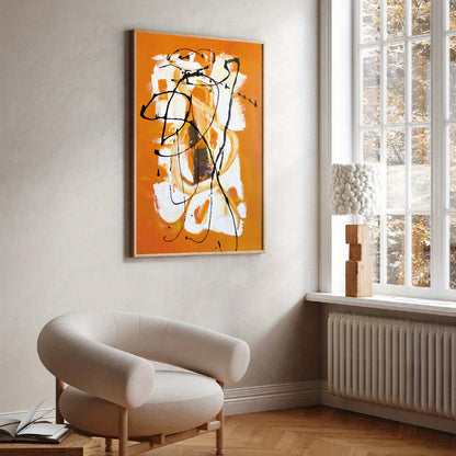 Abstract art on an orange background in a modern living room.