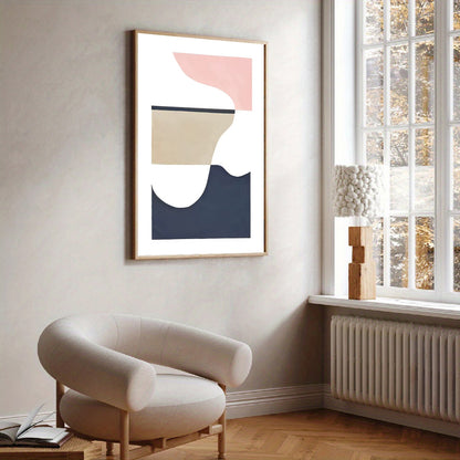 Modern interior with a Scandinavian wall art print minimalist design on the wall and a chair by a window.