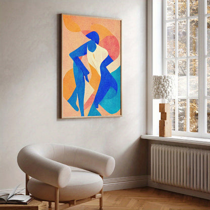 Colorful abstract painting on a wall above a modern chair in a room with a window.