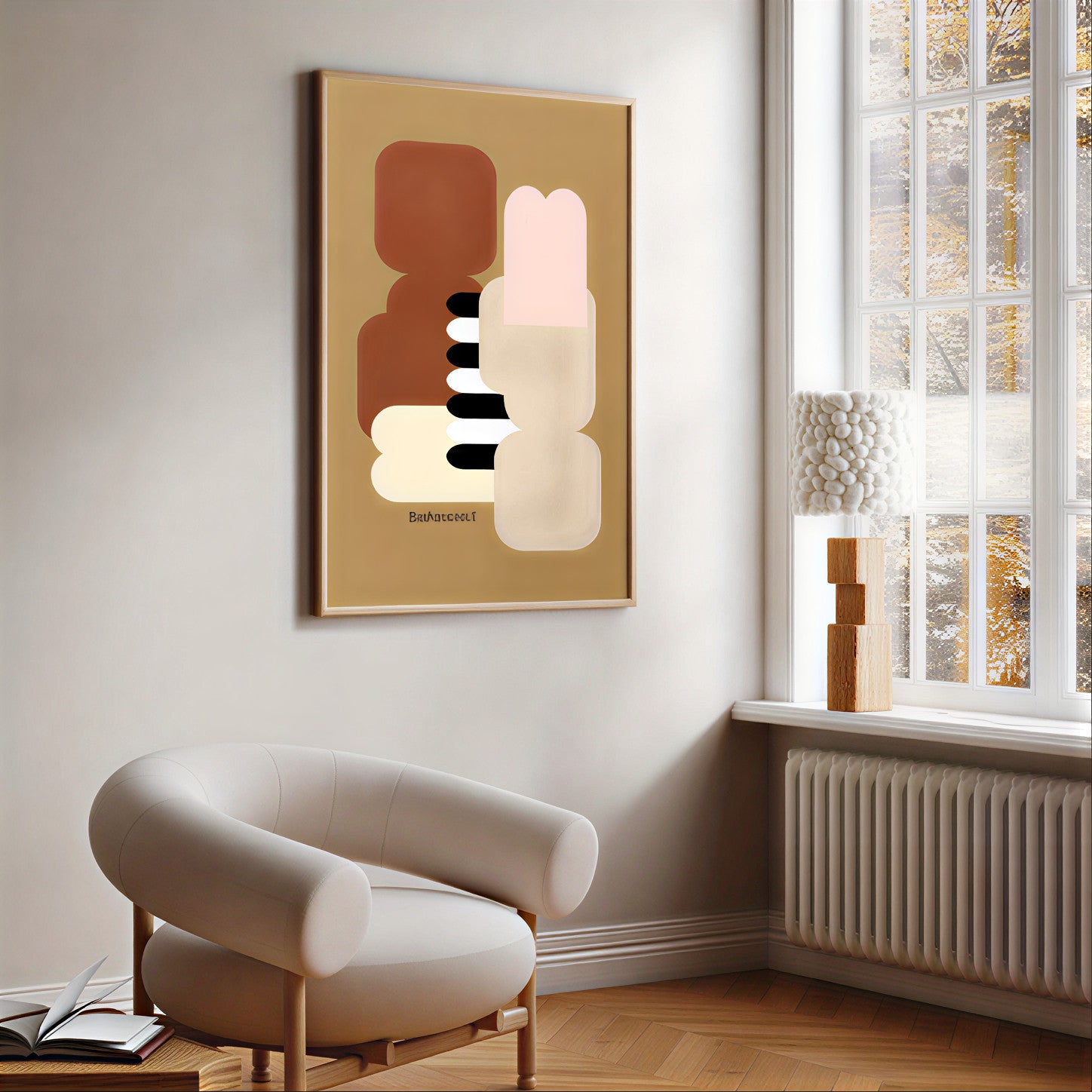 Modern interior with abstract art on the wall and a chair near a window.