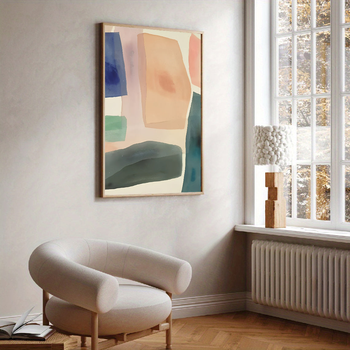 Modern interior with abstract art on the wall and a chair near a window.