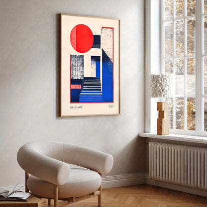 Modern interior with a chair, abstract art on the wall, and a window.