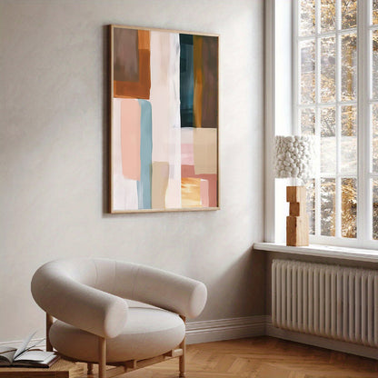 Modern interior with abstract art on the wall and a chair near a window.