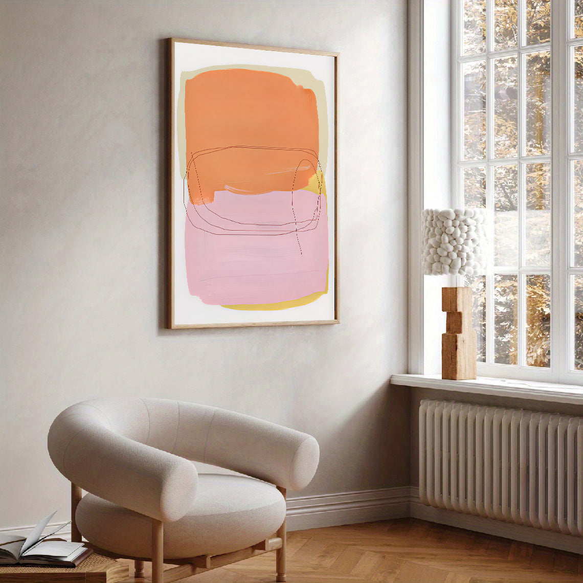 Modern interior with abstract art on the wall and a chair near a window.