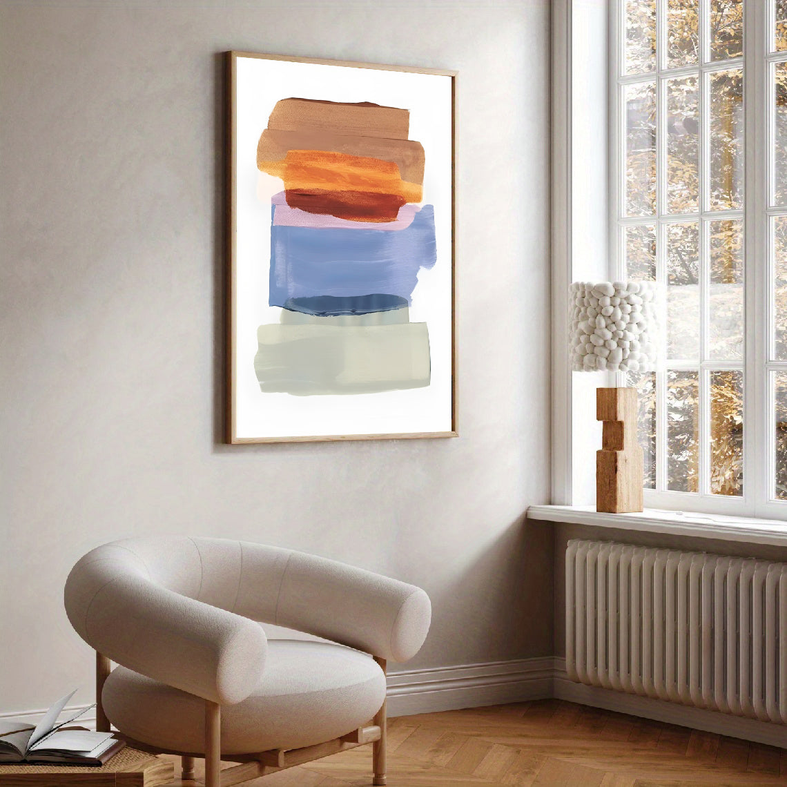 Modern interior with a colorful abstract painting on the wall and a chair in front of a window.