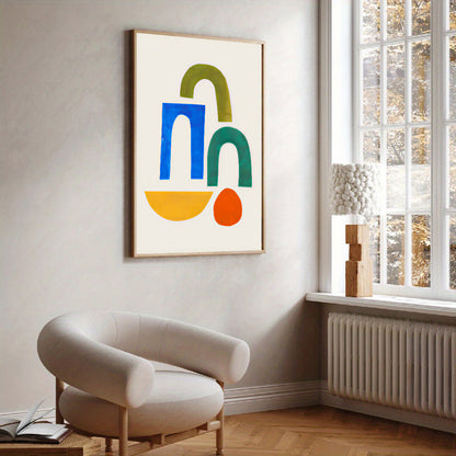 Modern living room with abstract art on the wall and a chair near a window.