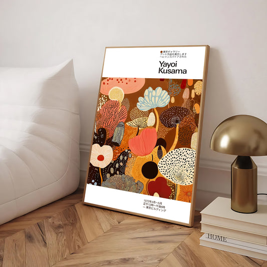 Framed artwork by Yayoi Kusama on a wooden floor with a lamp and books in the background