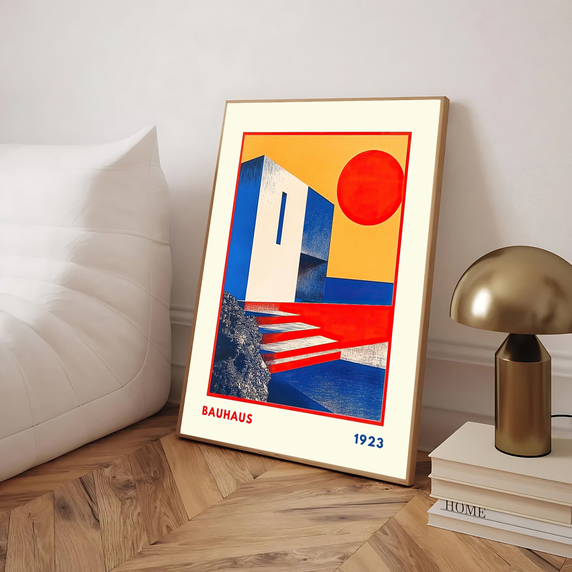 Bauhaus-inspired architectural art print with geometric shapes and stylized sun motif