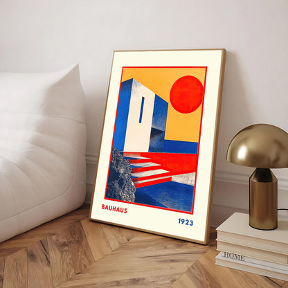 Bauhaus-inspired architectural art print with geometric shapes and stylized sun motif