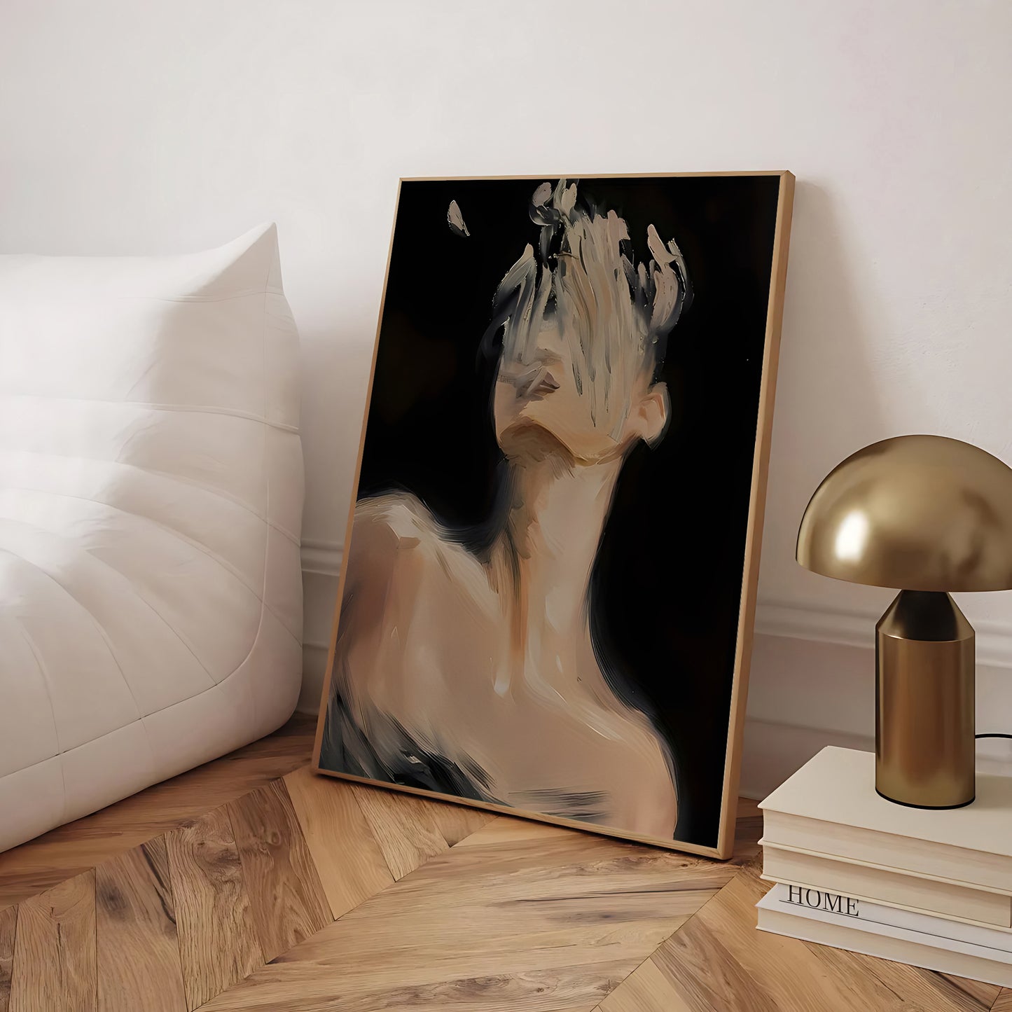 Modern emotional faceless figure artwork in beige tones on black background.