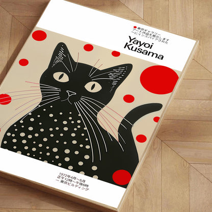 Poster with a black cat illustration and red dots on a beige background, featuring Yayoi Kusama's name.