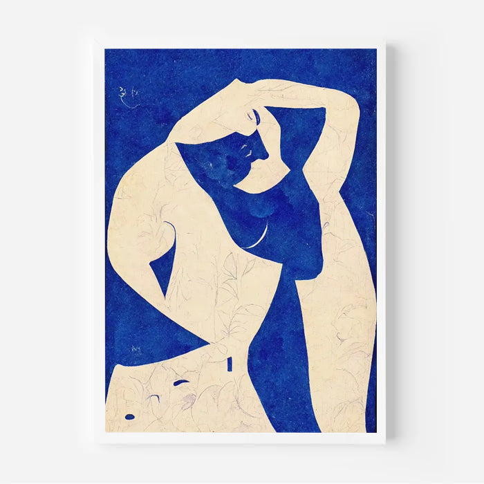 Artistic depiction of a nude figure with blue and beige colors on a blue background