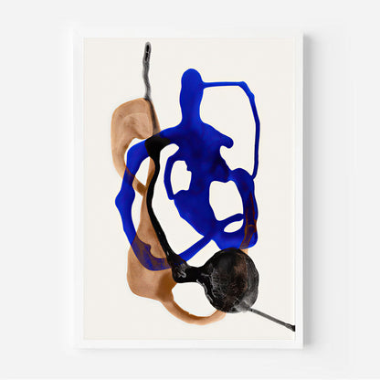 Abstract art piece with blue, black, and brown shapes on a white background