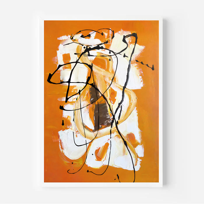 Abstract art piece with black, white, and orange on an orange background