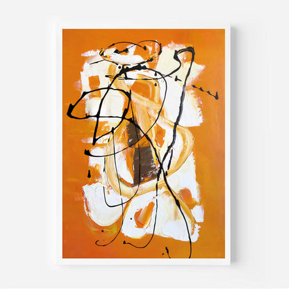 Abstract art piece with black, white, and orange on an orange background