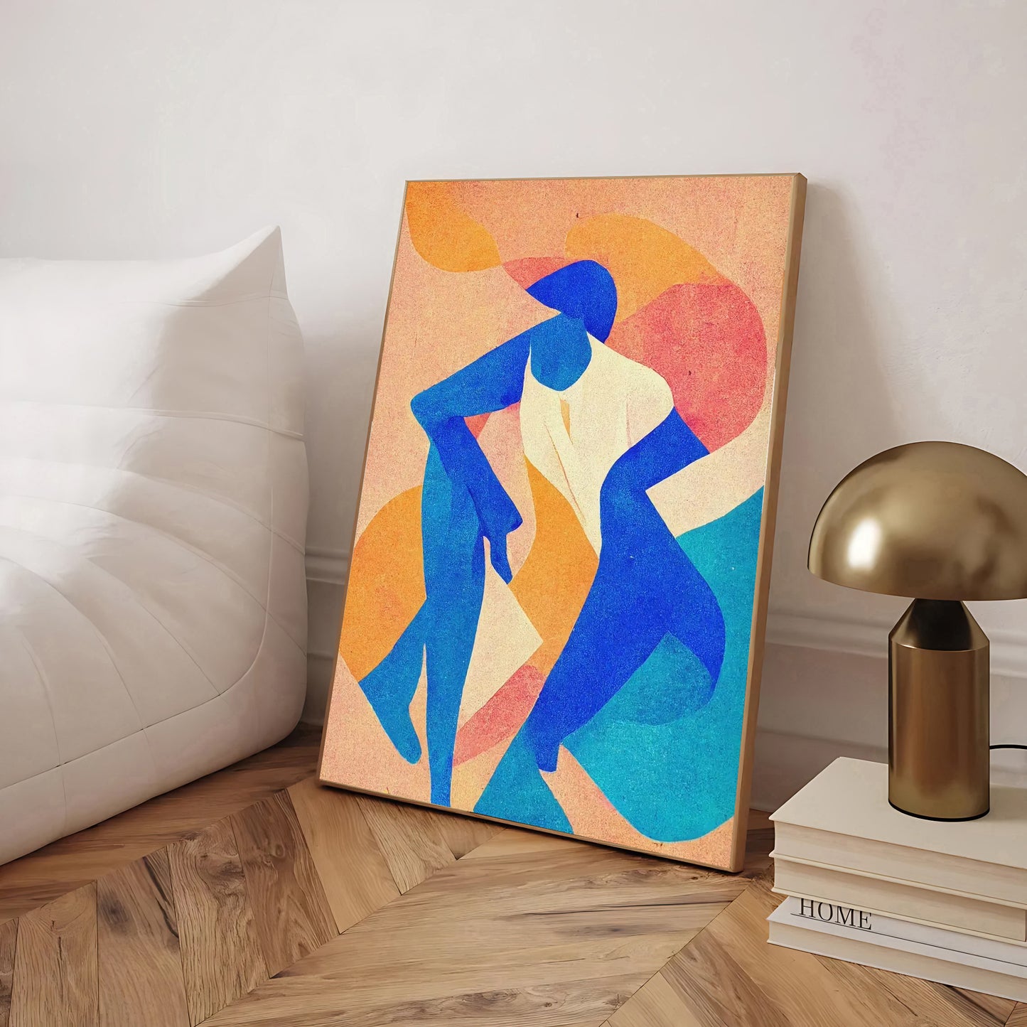 Abstract art piece of a blue figure on a colorful background in a room setting.