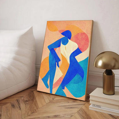 Abstract art piece of a blue figure on a colorful background in a room setting.