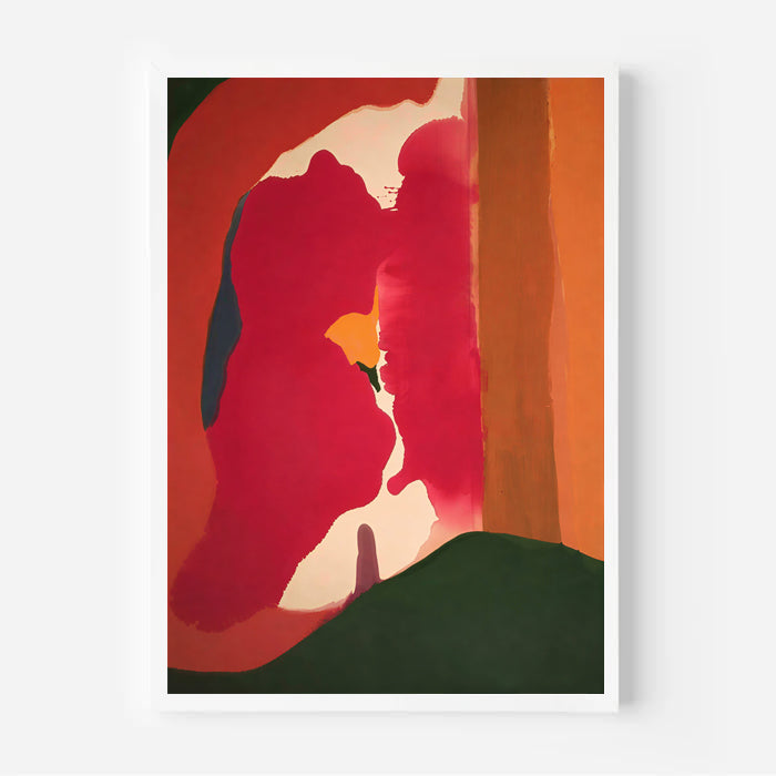 Abstract art print with red, green, and orange colors on a white background