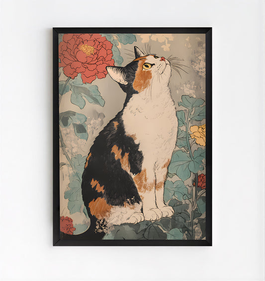 Framed artwork of Vintage Japanese cat wall art print with calico cat and botanical flowers