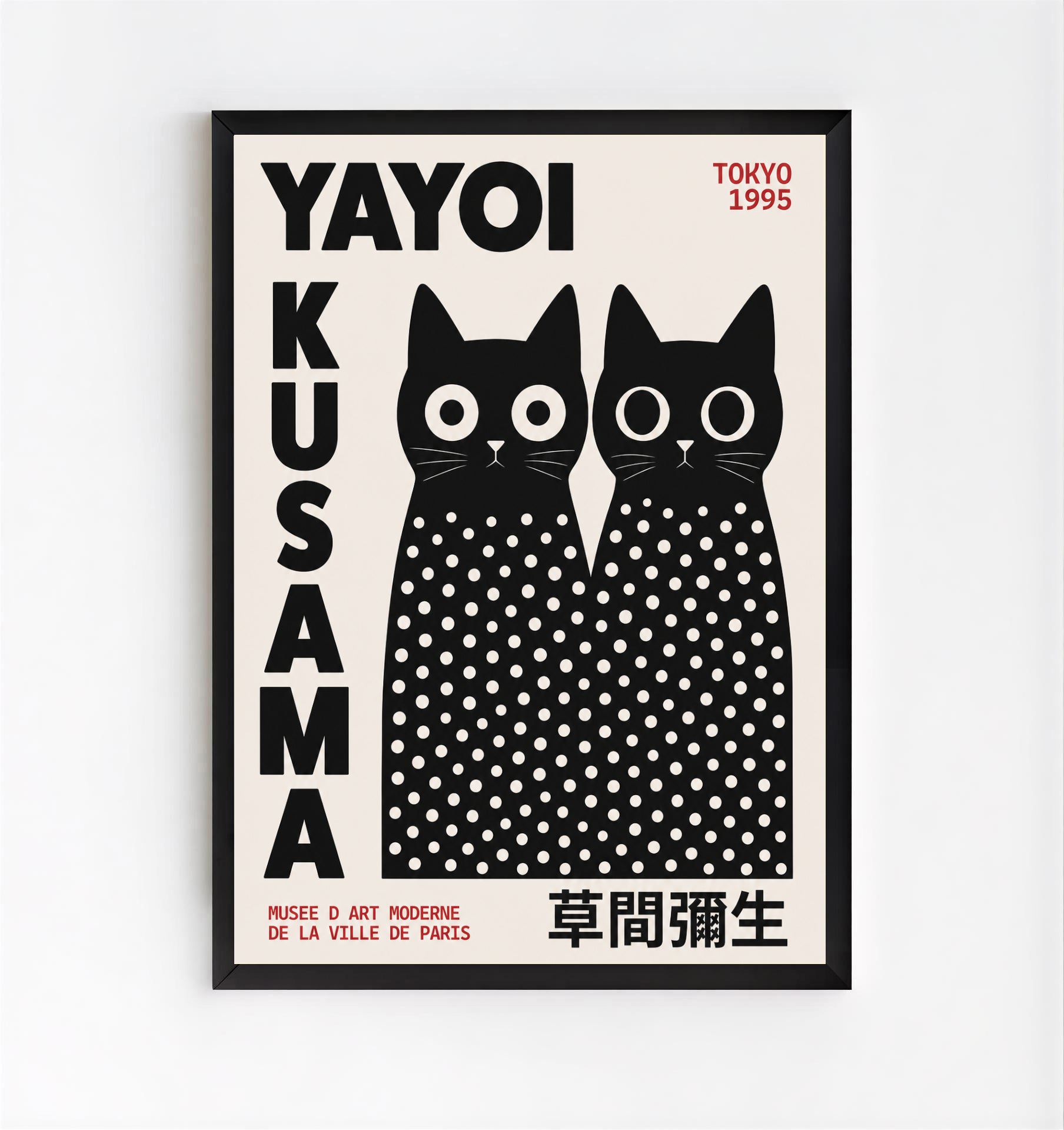 Poster featuring black cats with white polka dots and Yayoi Kusama. Yayoi Kusama Inspired Black Cat Poster