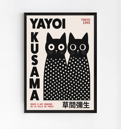 Poster featuring black cats with white polka dots and Yayoi Kusama. Yayoi Kusama Inspired Black Cat Poster