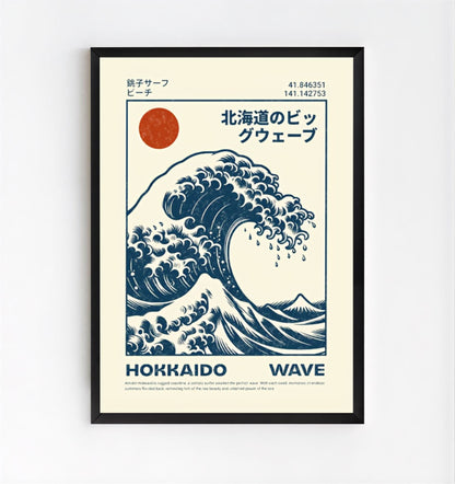 Hokusai Wave Poster Print of a wave design with text and a red circle on a beige background
