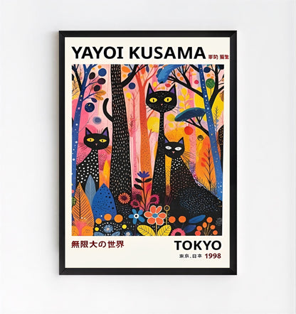 Framed artwork Yayoi Kusama Black Cats with colorful trees on a white background.