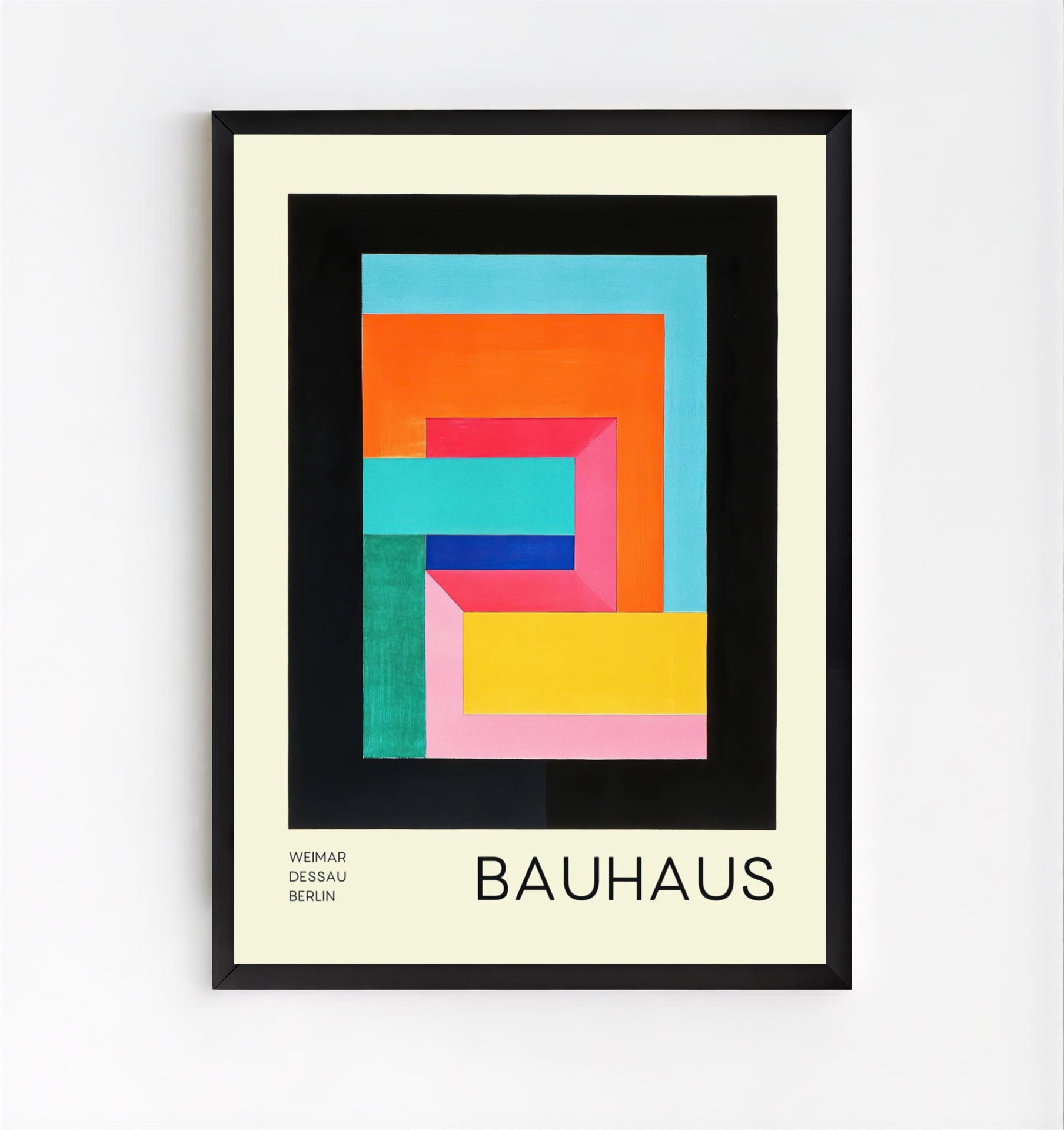 Bauhaus geometric abstract art print featuring colorful geometric shapes, Bauhaus typography, primary colors and modernist exhibition poster design by PrintHaus