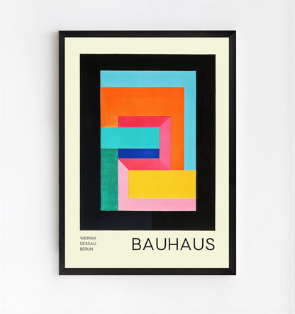 Bauhaus geometric abstract art print featuring colorful geometric shapes, Bauhaus typography, primary colors and modernist exhibition poster design by PrintHaus
