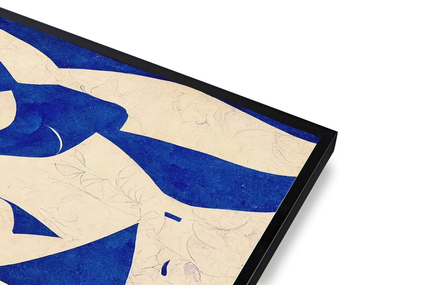 Framed artwork with blue and beige abstract design on a white background