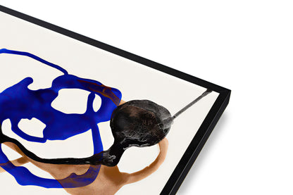 Abstract art piece with blue and black shapes on a white background