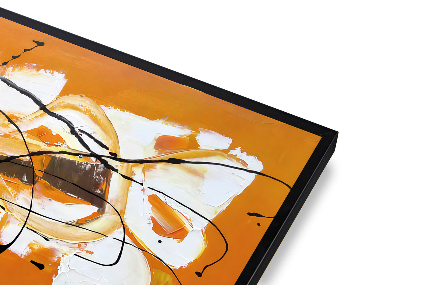 Abstract art piece with orange, white, and black colors on a white background