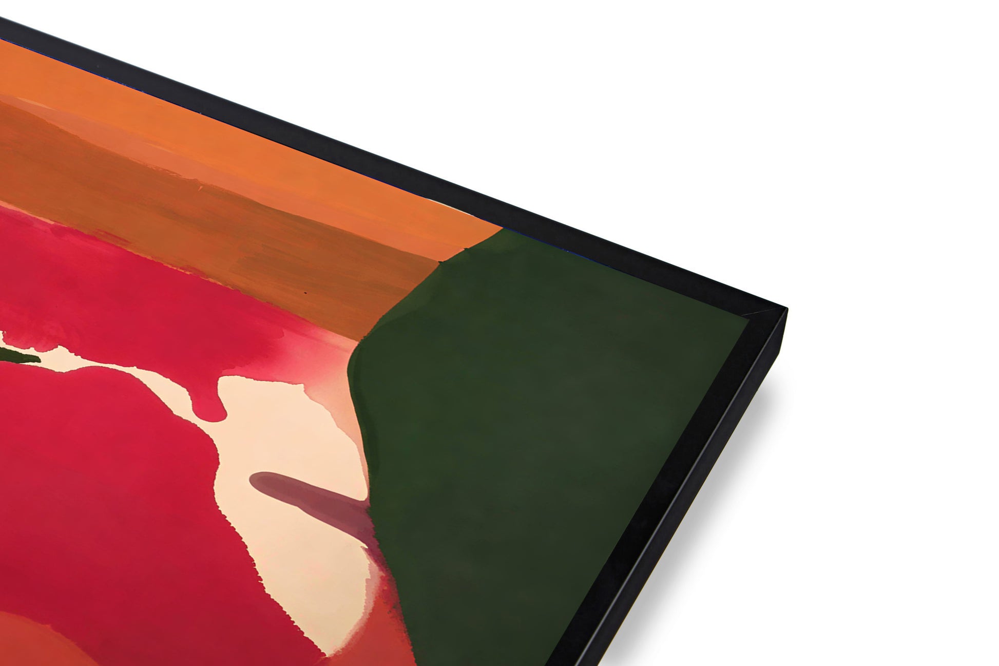 Close-up of a colorful abstract painting with a black frame on a white background