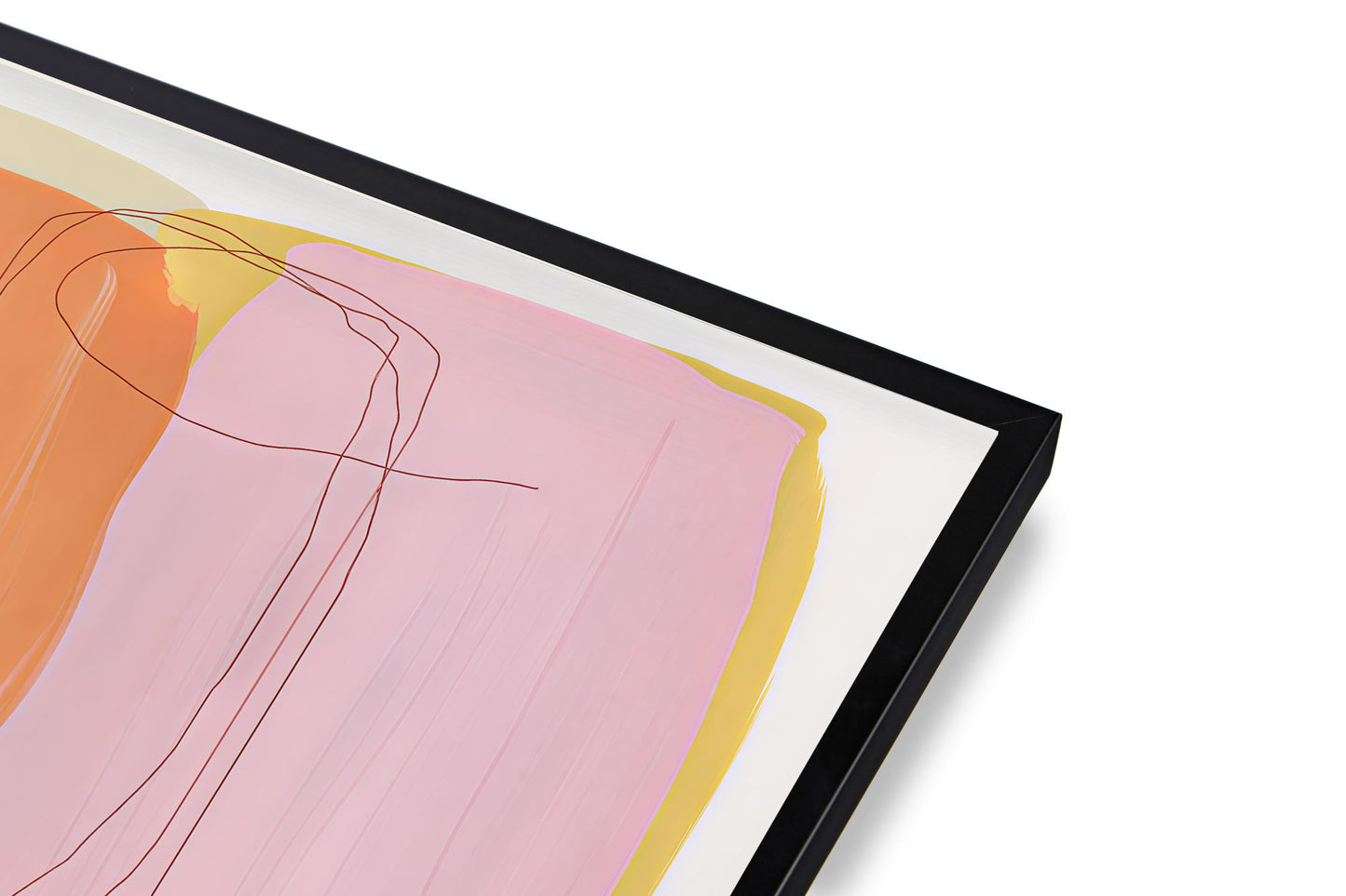 Framed abstract art with pink and orange colors on a white background