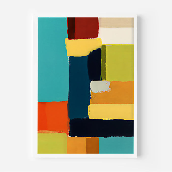 Abstract art print with colorful geometric shapes on a white background