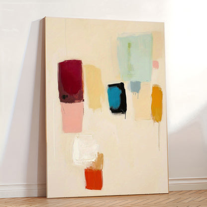 Abstract art piece with colorful rectangular shapes on a beige background