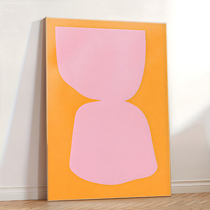 Abstract art piece with pink shape on an orange background