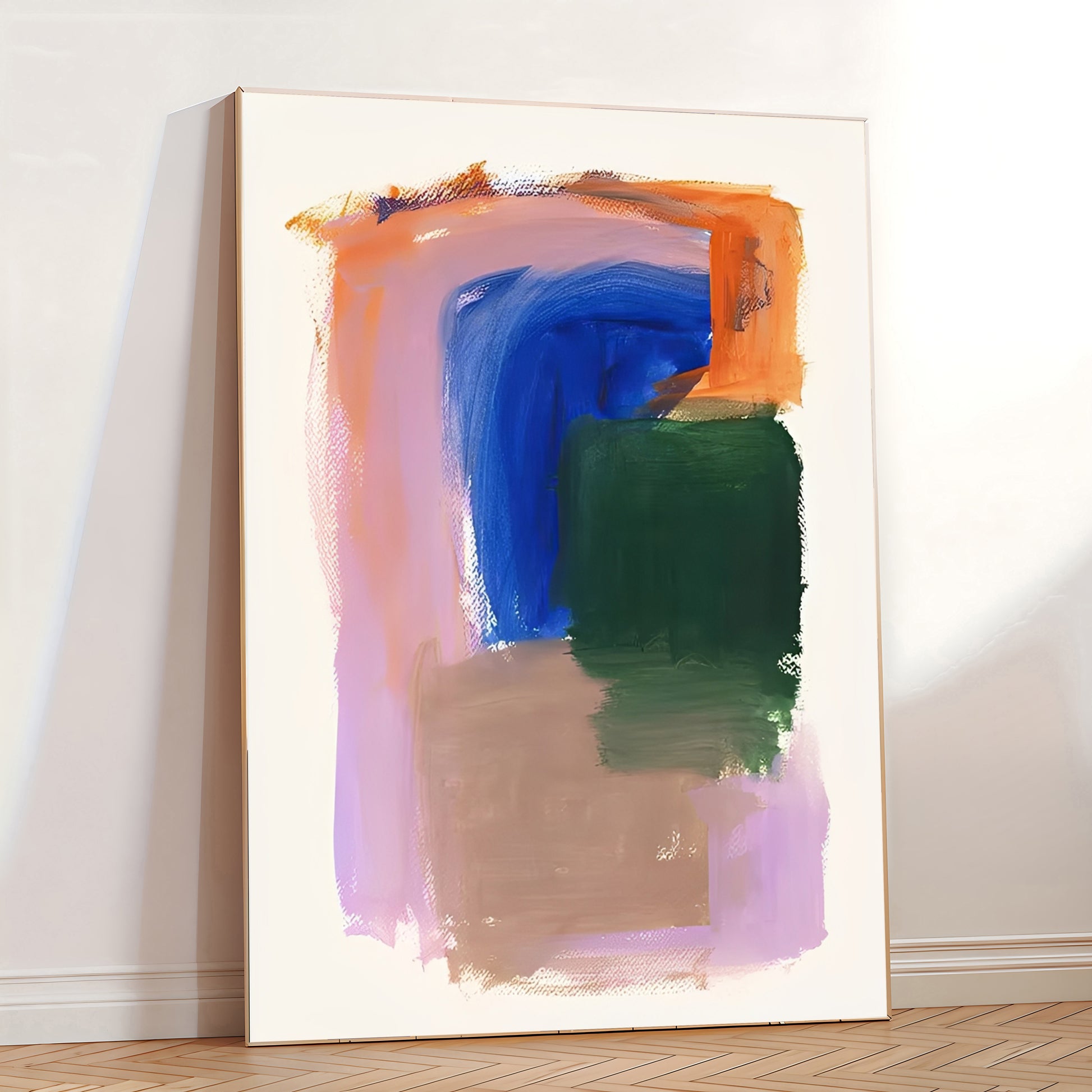 Abstract painting with colorful brush strokes on a white wall.