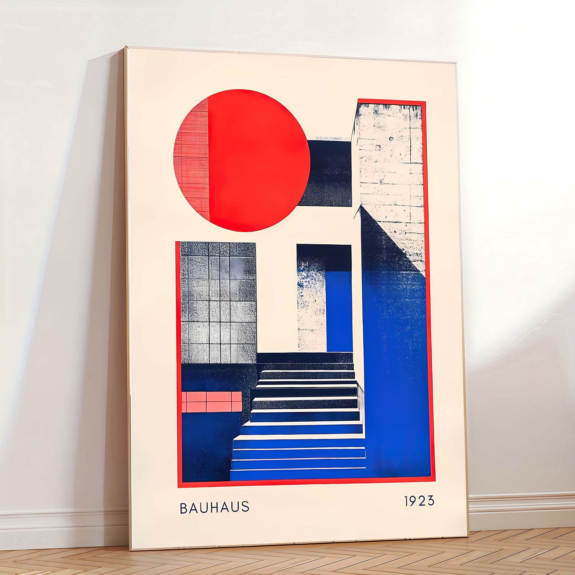 Framed Bauhaus art piece with geometric design on a wall.